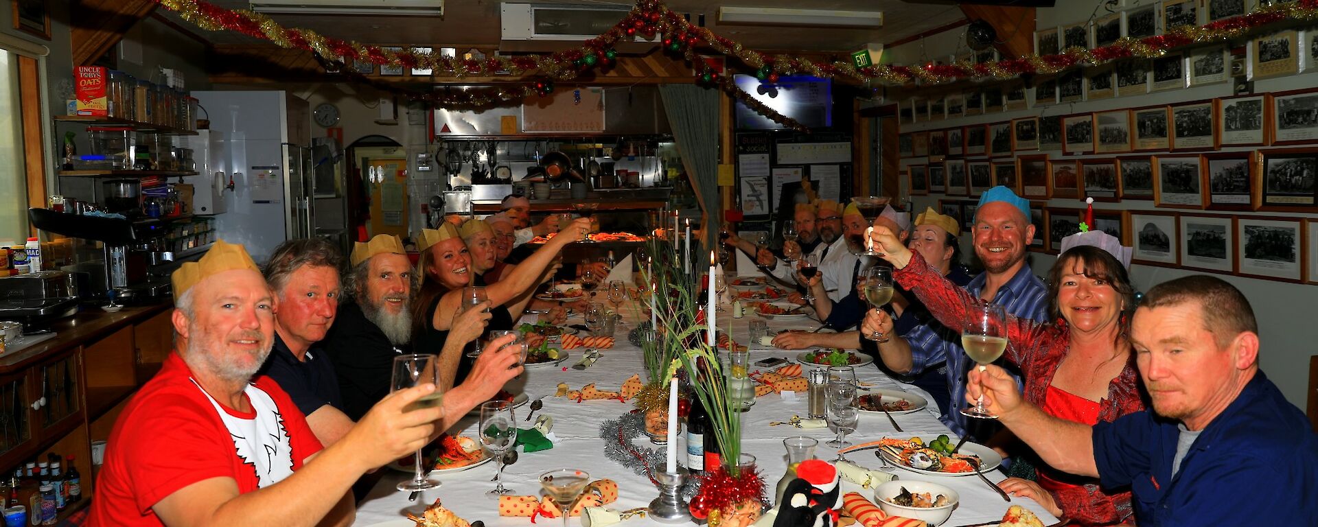 expeditioners at Christmas dinner table