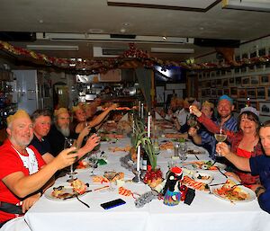 expeditioners at Christmas dinner table