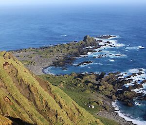 Coastal mountain view of penguin colonies