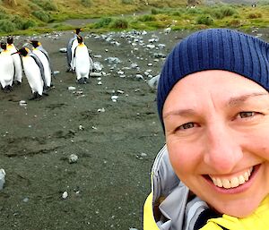 Self portrait of the Station Leader on the beach in front of a group of king penguins