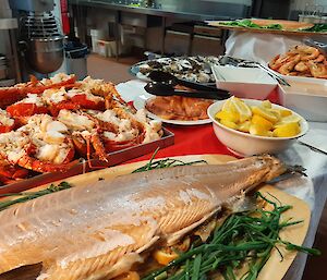 Platters of seafood on a table