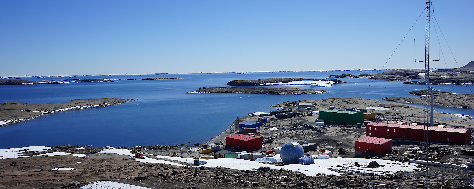 Mawson Station from the turbine (drone shot).