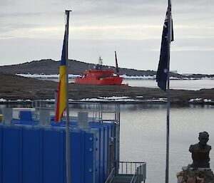 The resupply vessel Aurora Australis outside the harbour.