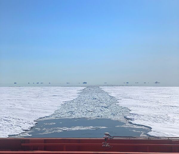 Looking back from the ship at a long trail of broken sea ice