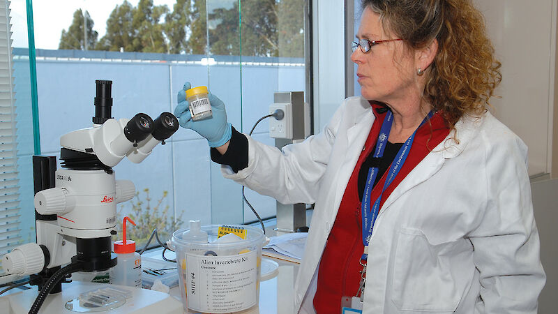 Scientist near a microscope, holding a specimen jar