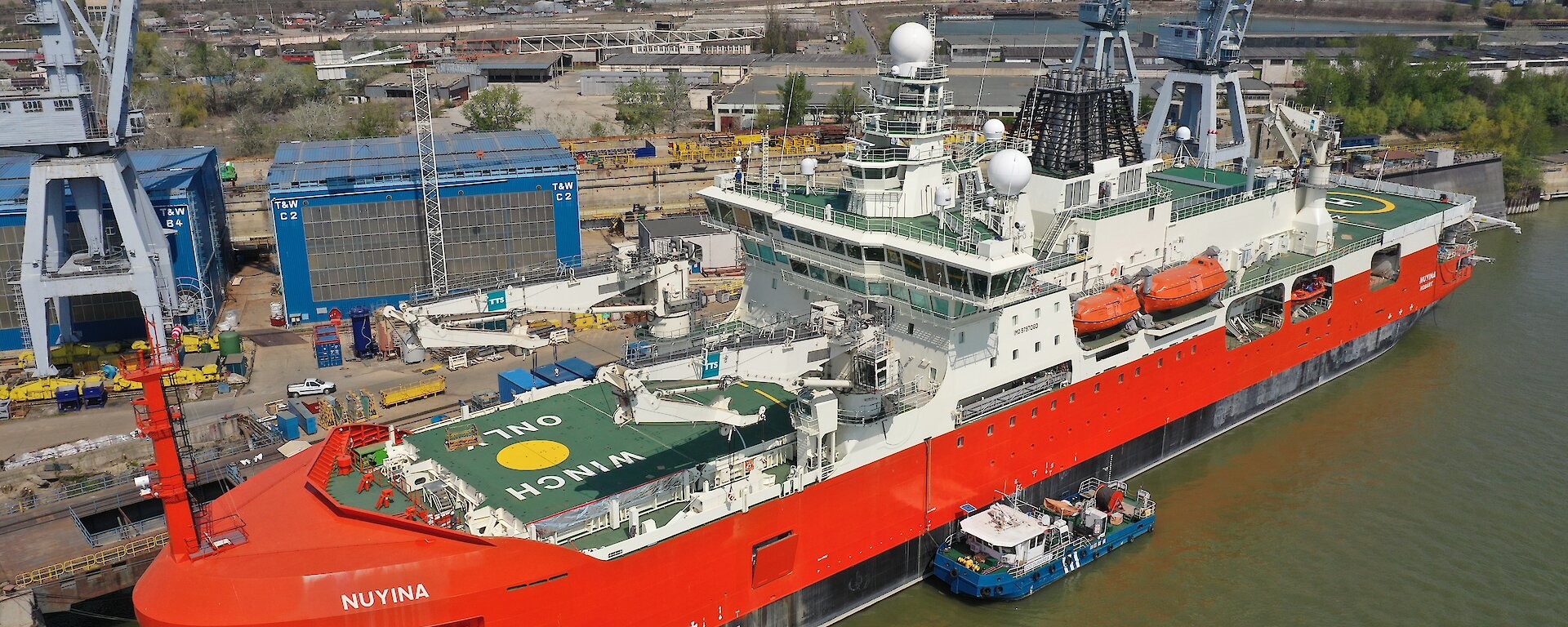 Icebreaker RSV Nuyina wharf-side in Romania.