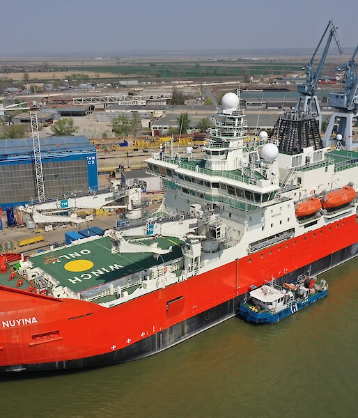 Icebreaker RSV Nuyina wharf-side in Romania.