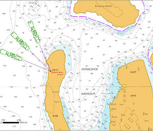 Contour map showing the location of the bollard on West Arm.