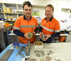 A display of drill parts for the ice core drill.