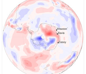 Map of surface air temperature differences between the January 2020 average and the 1979–2019 mean for the Southern Hemisphere.