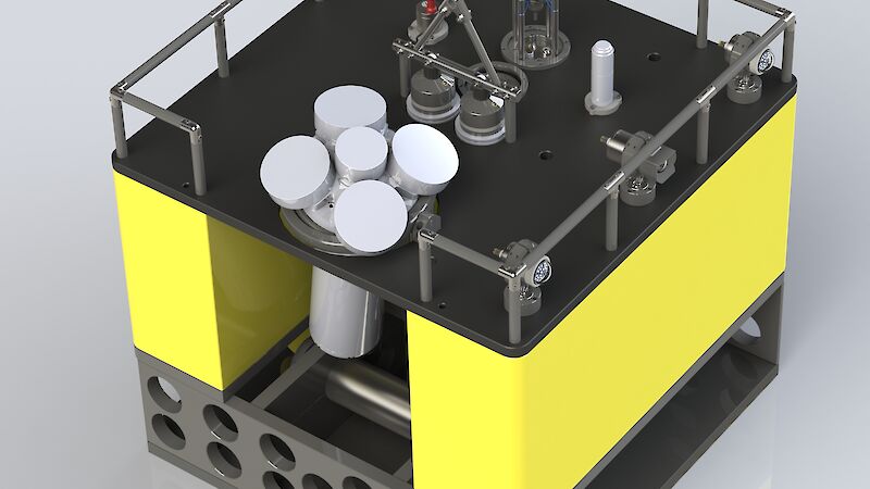 Render of the deep sea video mooring - a square box containing a range of instruments, a camera and lights.