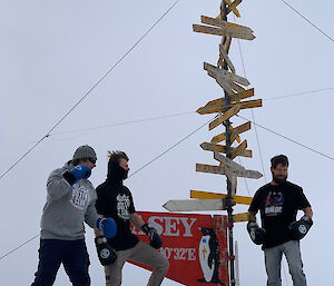 Three expeditioners standing in front of a signpost