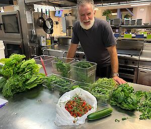 Chef with some hydroponics produce on the kitchen bench
