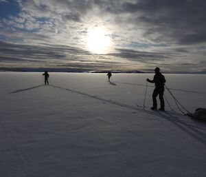 Three expeditioners silhouetted in front of the low sun as they ski across the sea ice