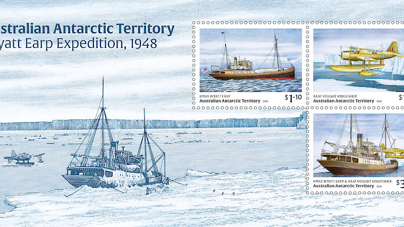 A mini-sheet of three Wyatt Earp stamps with an intaglio engraving of the ship and aircraft in sea ice.