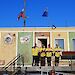 The four Australian inspection team members standing outside the front door of Russia's Molodezhnaya Station