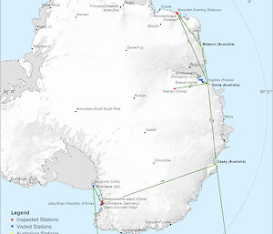 Map showing the locations of stations inspected and visited across East Antarctica.