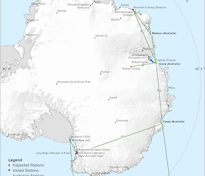 Map showing the locations of stations inspected and visited across East Antarctica