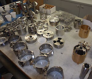 A selection of stainless steel, brass and aluminium drill components machined at the Australian Antarctic Division.