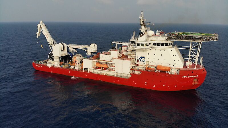 Aerial view of the MPV Everest on the ocean.