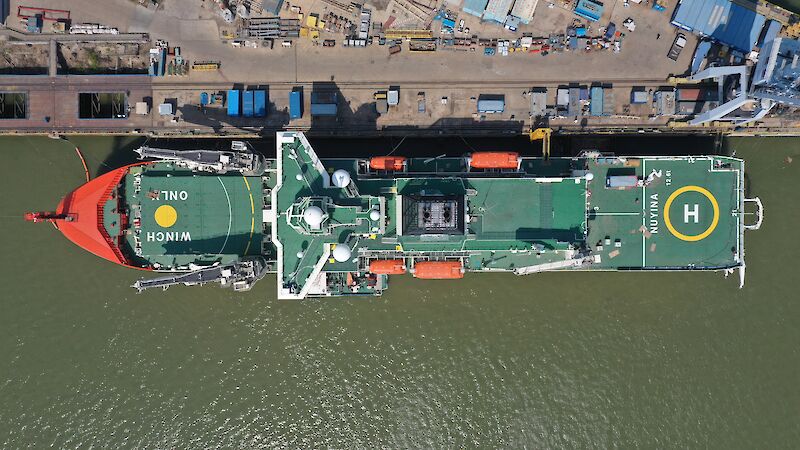Aerial view of the green decks of the icebreaker Nuyina.