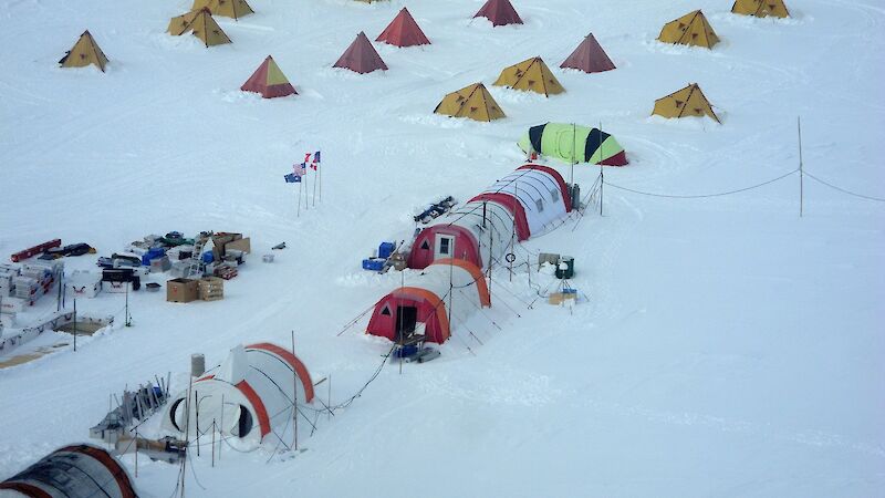 Rows of tents at an ice core drill camp in Antarctica.
