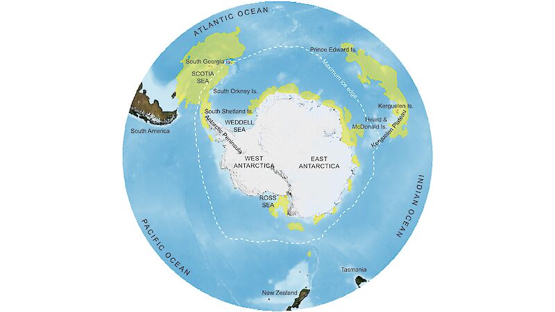 A map of Antarctica and the surrounding ocean showing Areas of Ecological Significance highlighted in yellow.