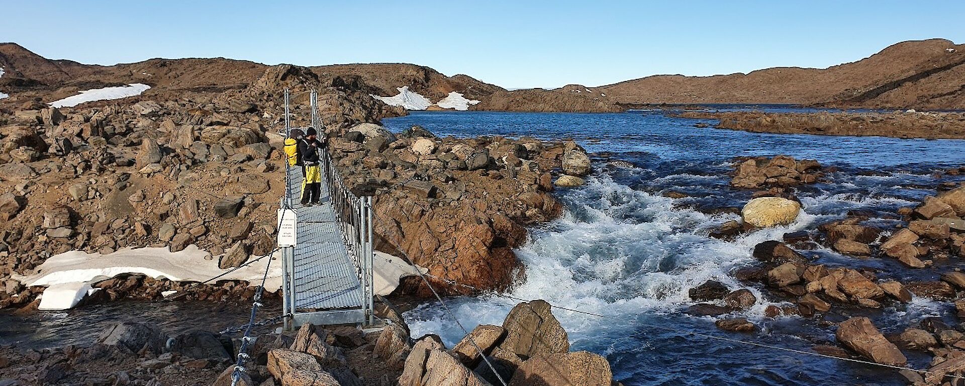 an expeditioner gazes out over watts hut bridge during the bright summer as strong rapids flow underneath