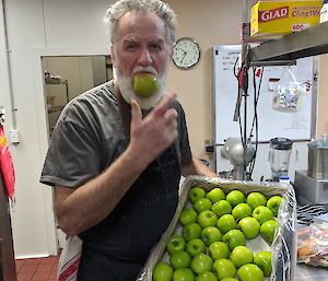 Portrait of the chef holding a box of apples