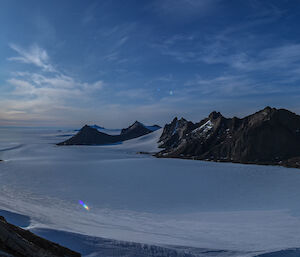 Landscape of mountain ranges and snow