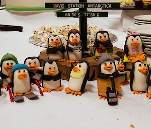 Penguin figurines for each Davis expeditioner on the dining table at station.