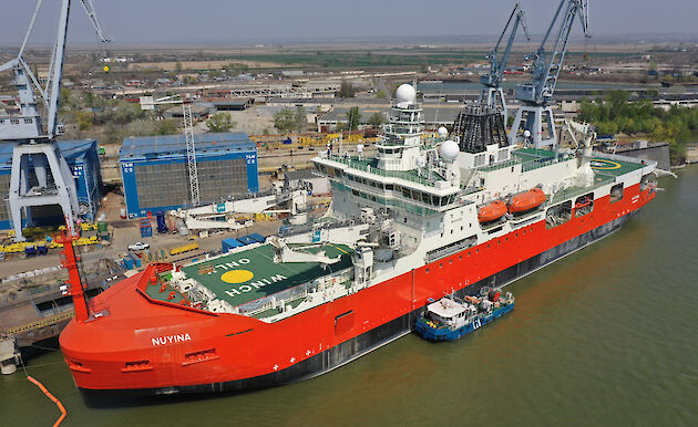 RSV Nuyina alongside the wharf in Romania.