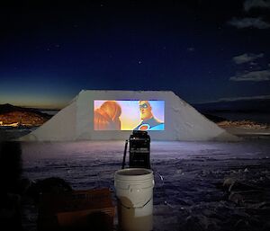 An icy screen and movie playing outside at Casey recently