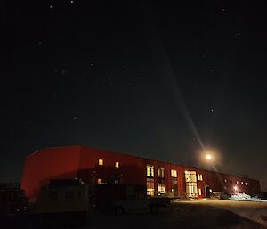 The moon and stars over Casey early on a cool morning