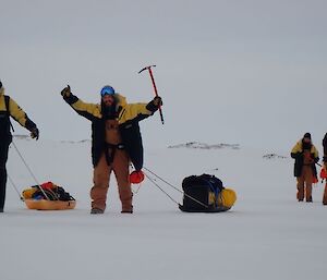Expeditioners hauling sleds across the sea ice at Casey recently