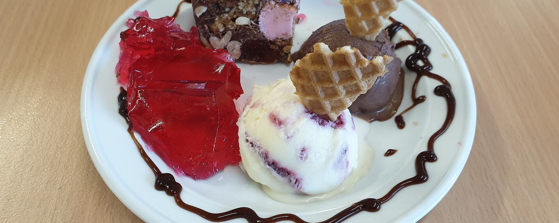 Rocky road and jelly dessert on a plate