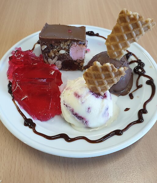 Rocky road and jelly dessert on a plate
