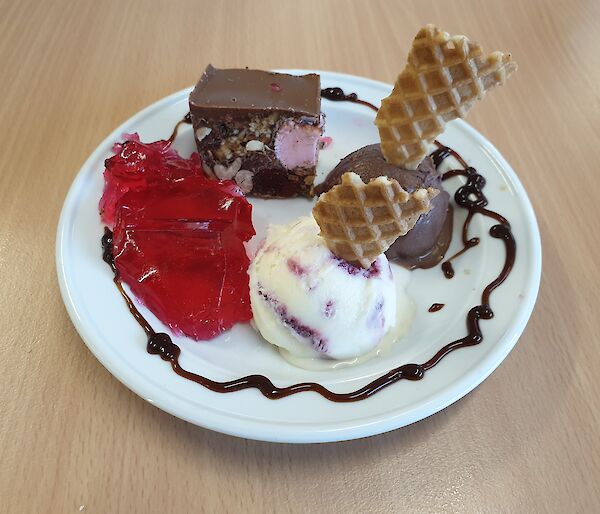Rocky road and jelly dessert on a plate