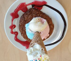 Waffle cone tower on a cookie