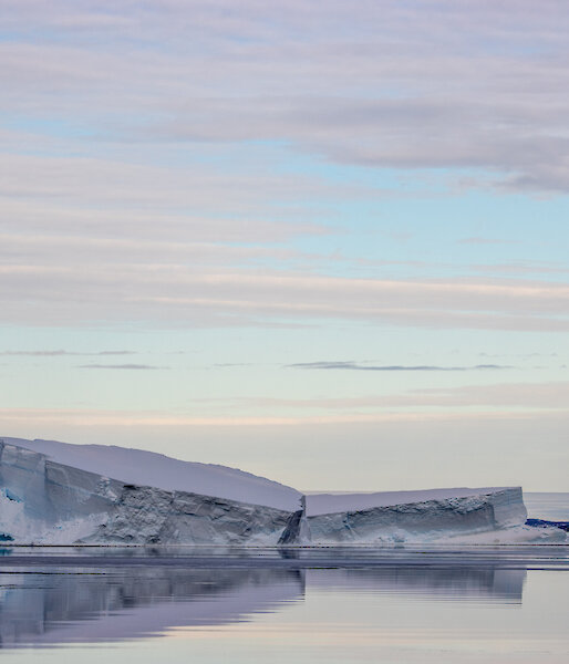Icebergs being reflected in the water on a still day