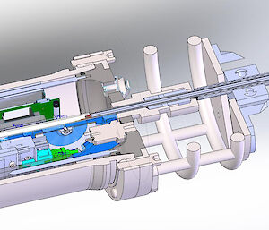 A model graphic showing the electrical-optical-mechanical cable running through a penetrator into the end cap and terminating in a titanium pressure housing.