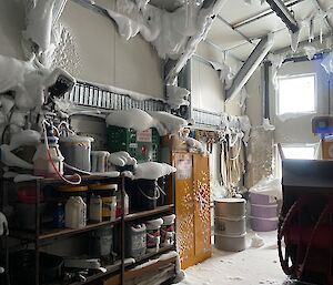 The workshop with snow build-up on the inside