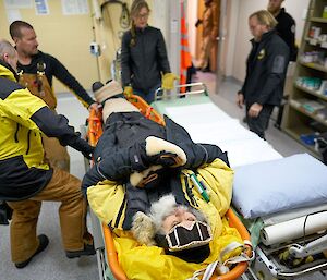 Injured expeditioner lying on stretcher in medical room while rescuers and medical team look on