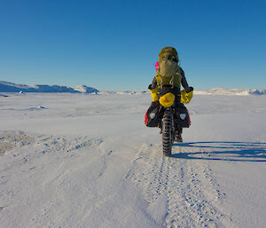 A biker loaded with gear riding away from camera across the ice towards a beautiful blue skied horizon