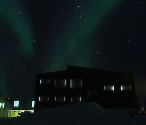 A Davis building under the stars and Aurora