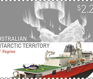 Graphic illustration of the icebreaker with an aurora depicted above it, on a $2.20 stamp.