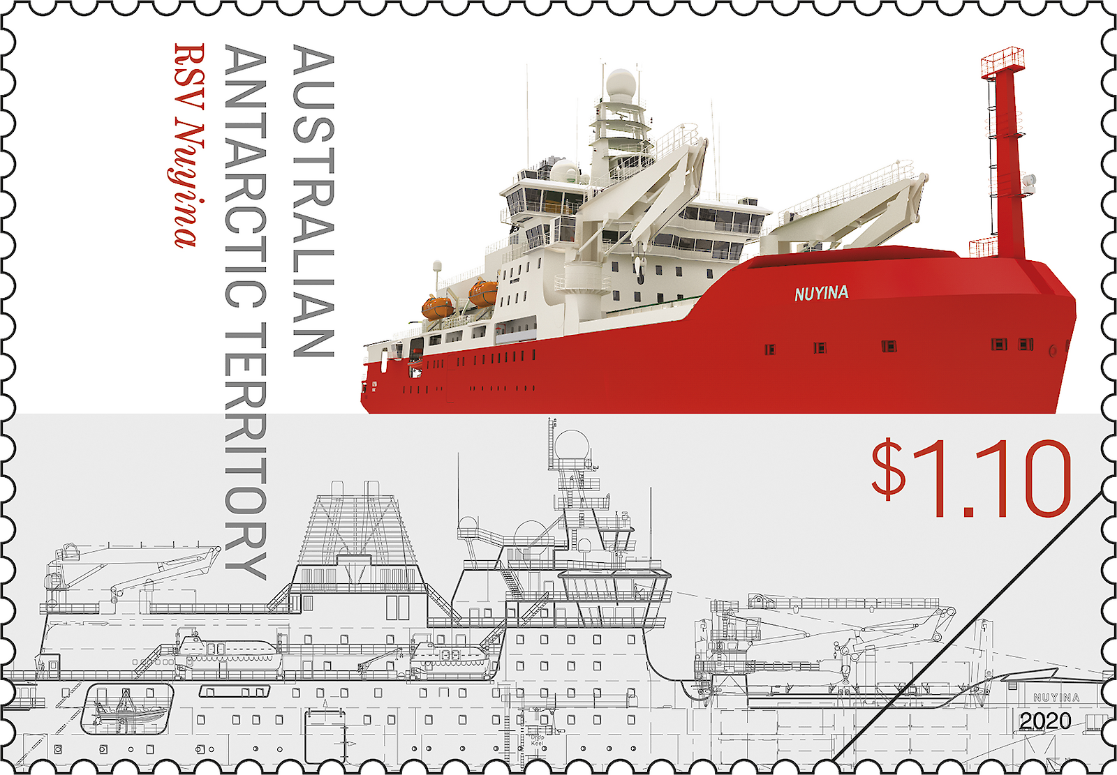 Design features of the ship illustrated on a $1.10 stamp.
