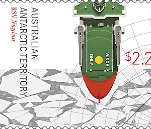 Bow of the icebreaker over an illustration of sea ice, on a $2.20 stamp.
