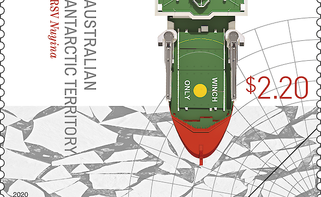 Bow of the icebreaker over an illustration of sea ice, on a $2.20 stamp.