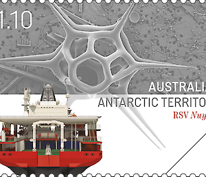 The trawl deck of the ship with an illustration of a star-shaped silicoflagellate — a single-celled algae with a glassy skeleton - on a $1.10 stamp.